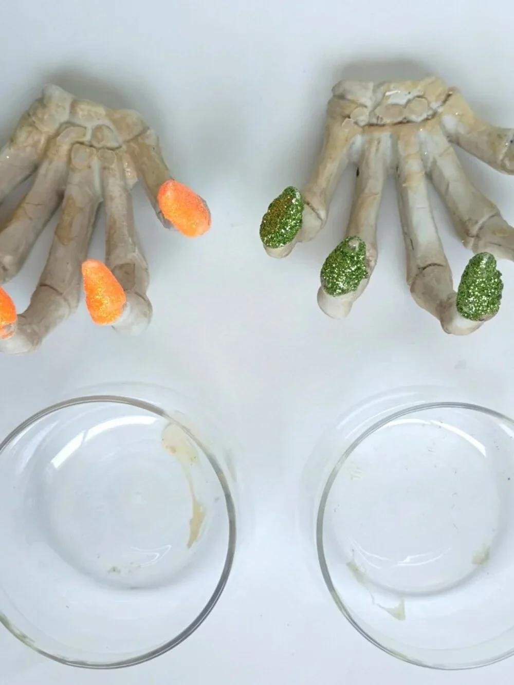 Set of 2 Halloween Ghoul Skelton Hand Glitter Nails Orange Green Candle Holders